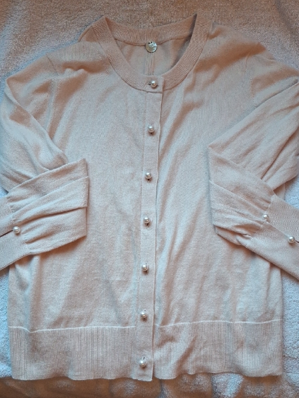 Margaret O'Leary Pearl-Button Crewneck Cardigan - Pale Pink Sz S Pastel